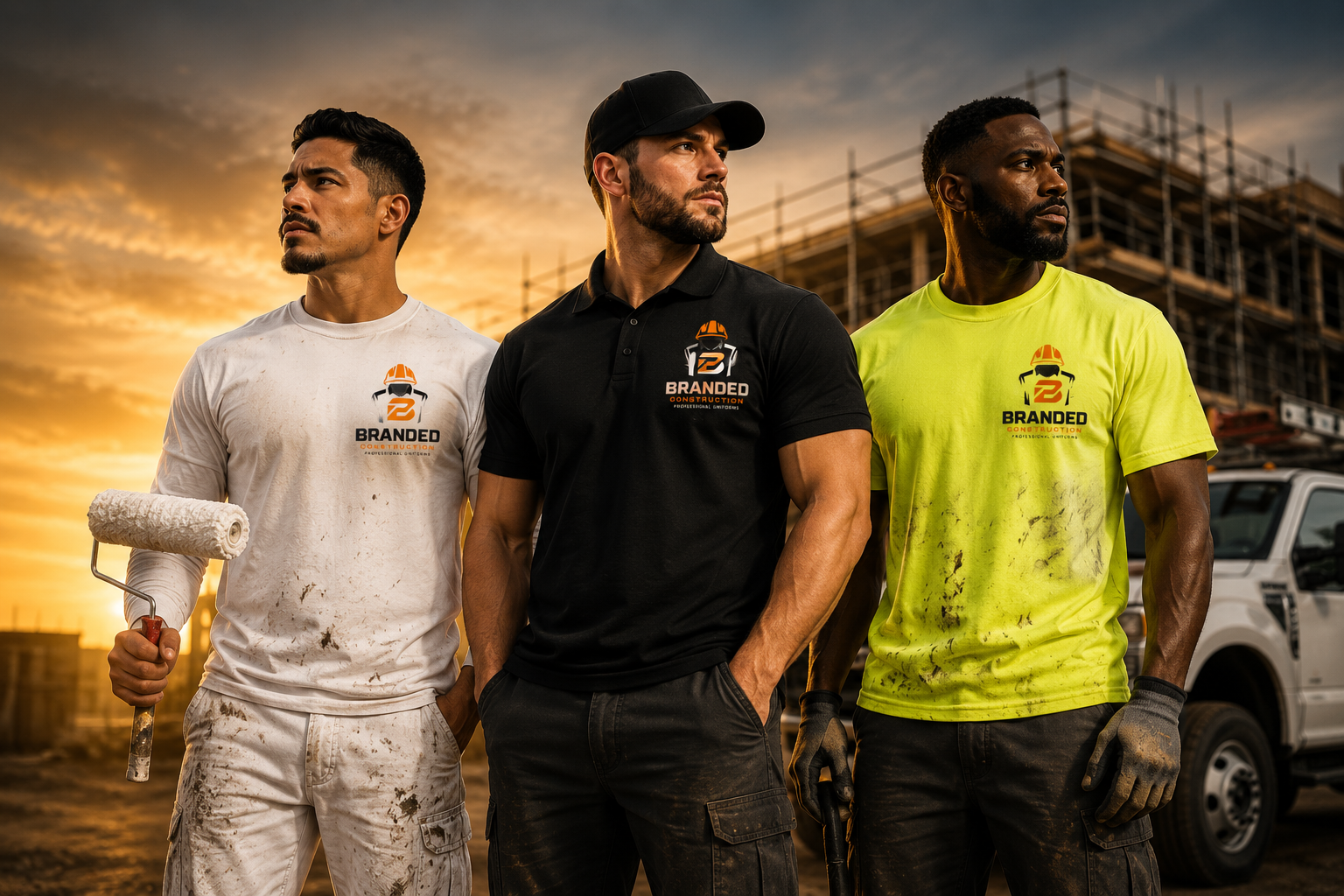 Construction trades crew in branded work uniforms